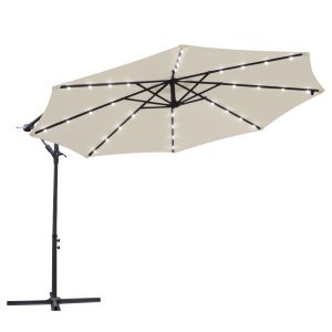 Solar LED Lights Banana Parasol 3m Cream Crank Hanging Rattan Cantilever